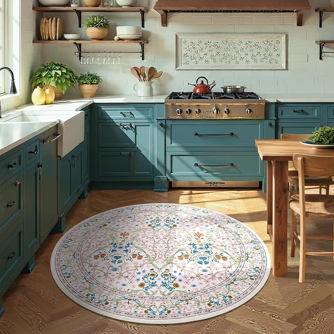 GarveeHome Pink Floral 4 ft Round Rug Washable Non-Slip Soft Low Pile Small Circle Carpet Vintage Rugs for Kitchen Bedroom Nursery Dining Living Room