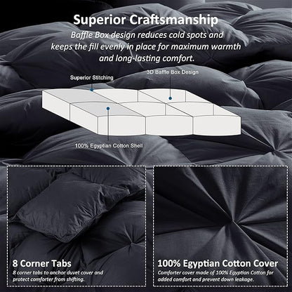 Luxurious All-Season Goose Down Feather Fiber Comforter King Size Duvet Insert, Exquisite Black Pinch Pleat Design, Premium Baffle Box, 100% Egyptian Cotton Cover, 70 oz. Fill Weight, Black