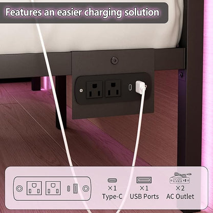 Full Size Bed Frame with Headboard,Heavy Duty LED Bed Frame with USB Charging Station,Mattress Foundation-Under Bed Storage, No Box Spring Needed, Noise Free,Brown