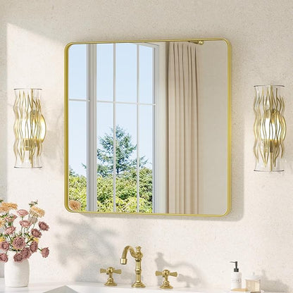 TETOTE Brushed Gold Bathroom Mirror 30 x 30 Gold Metal Framed Bathroom Mirror, Tempered Glass, Modern Farmhouse Wall Mounted Mirror for Decorative(Horizontal/Vertical)
