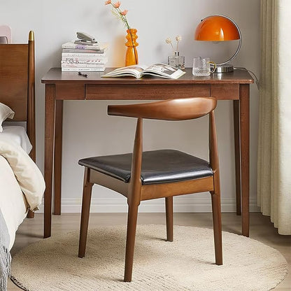 Solid Wood Computer Desk with Drawers, Modern Writing Desk for Home Office, Mid Century Modern Desk, Oak Study Table, 35.4x19.9x29.5 inches (Single Drawer), Walnut