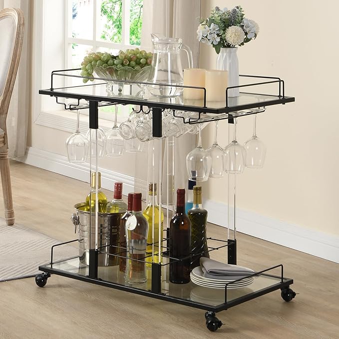 Bar Cart for Home Bar Chrome Serving Cart with Wine Rack 2-Tier Acrylic Rolling Bar Carts on Wheels Clear Dessert Cart Lucite Bar Stand Glass Liquor Cart for Living Room Kitchen Club Black