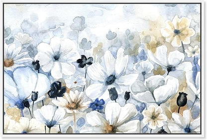 The Oliver Gal Artist Co. Floral and Botanical Wall Art Framed Canvas Prints 'Fields Flowers Home Décor, 45" x 30", Blue, White