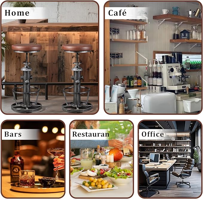 Topower Antique Industrial Round Bottom Adjustable Height Cafe Coffee Retro Vintage Stylish Water Pipe Design Pub Kitchen Bar Stool (Silver, PU Leather Top)