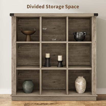 GarveeHome 9 Cube Storage Organizer Bookshelf, 4 Tier Farmhouse Horizontal Bookcase, 37.4 Inch Wood Storage Bookcase for Entryway, Long Low Bookshelves for Living Room-Grey