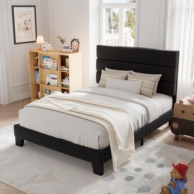 Allewie Twin Size Platform Bed Frame with Velvet Upholstered Headboard and Wooden Slats Support, Fully Upholstered Mattress Foundation/No Box Spring Needed/Easy Assembly, Black