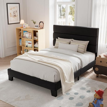 Allewie Twin Size Platform Bed Frame with Velvet Upholstered Headboard and Wooden Slats Support, Fully Upholstered Mattress Foundation/No Box Spring Needed/Easy Assembly, Black