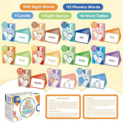 Springflower 1012 Sight Words Flash Card,900 Dolch & Fry High Frequency Sight Word,112 Phonic Flash Cards for Kindergarten Homeschool Supplies Games for Kids Pre-K, Kindergarten, 1st, 2nd, 3rd Grade