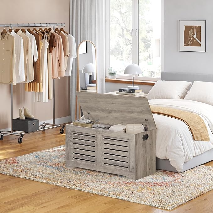 DINZI LVJ Storage Chest, Wooden Toy Box Organizer with 2 Safety Hinges, Flip-top Entryway Shoe Bench, Good Ventilation, Retro Storage Bench for Living Room, Bedroom, Easy Assembly, Greige