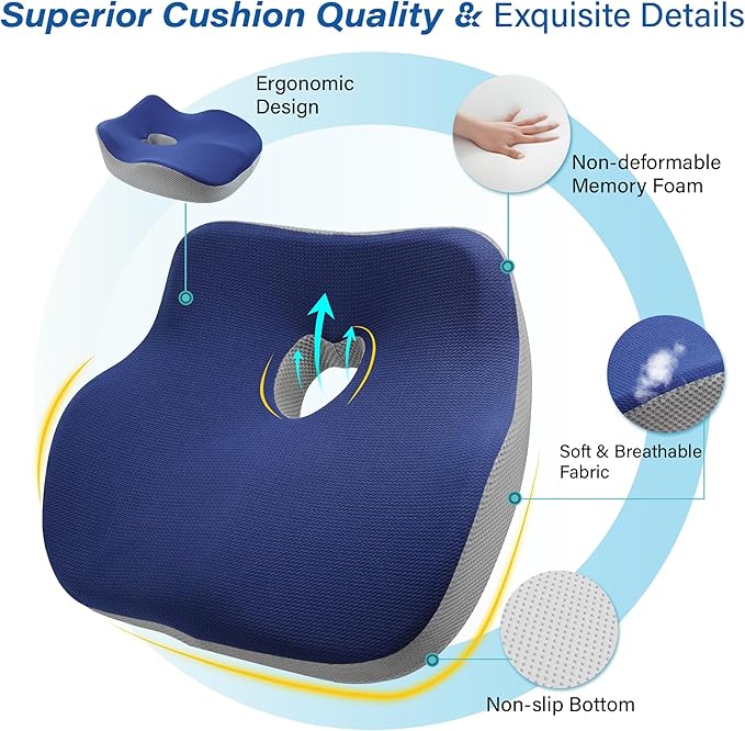 Car Seat Cushion, Ergonomic Memory Foam Car Cushion for Sciatica Pain Relief, Larger Driving Seat Pillow for Short Drivers on Long Drives - Butt Pillow for Truck, Office, Wheelchair - Blue&Gray