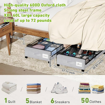 Under Bed Storage with Wheels, XXL 60L Under the Bed Storage Bins, Underbed Storage Containers with Lids & Label, Rolling Metal Drawer for Shoes, Clothes, Books, Toys (2-Pack Gray)