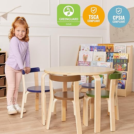 ECR4Kids Bentwood Round Table and Curved Back Chair Set, Kids Furniture, Earthtone, 5-Piece