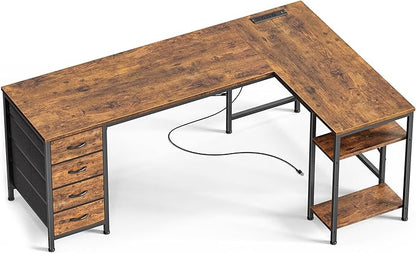Huuger 63 Inch L Shaped Desk with Fabric Drawers, Computer Office Desk with Power Outlets and USB-C Port, Corner Desk with Storage Shelves, for Gaming Work Study Home Office, Reversible, Rustic Brown