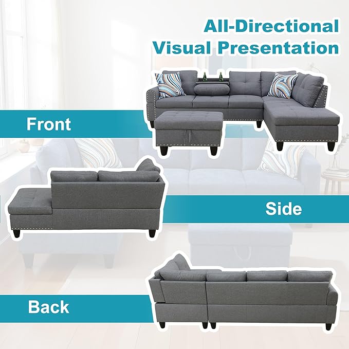 Couches for Living Room Modern L Shaped Couch Comfy Linen Fabric 3 Pieces Sectional Sofa with Chaise, Ottoman with Storage for Office and Small Apartment, Charcoal
