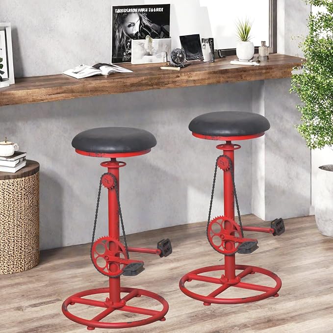 Topower Vintage DIY Bar Stool Bicycle Chain Iron Pedal Retro Industrial Height Adjustable Bicycle Wheel Design bar Chair Set of 2 Antique Red