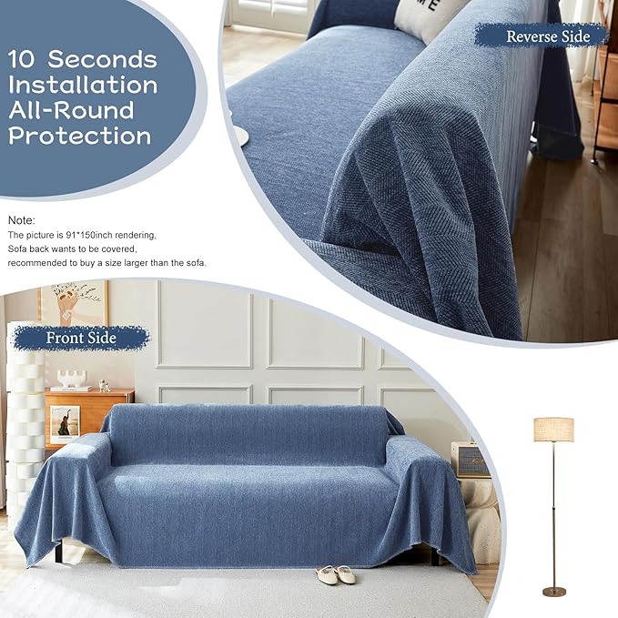 STACYPIK Non Slip Blue Couch Covers Chenille Sofa Cover for Dogs, Herringbone Pet Protector for 2 Cushion Couch, Loveseat Cover for Sectional, Washable Furniture Cover Versatile Throw Blanket-71x118IN