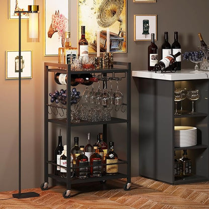 TUTOTAK Bar Cart, Home Bar Serving Cart with 3-Tier Shelf, Drink Cart with Wine Rack, Glass Holder, Rolling bar carts for The Home, Living Room, Brown V1BC01BK035