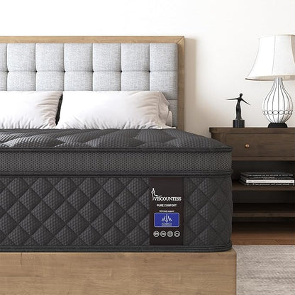King Hybrid Mattress, 14 Inch Medium Mattress Euro Top for Back & Lumbar Support, 100 Night Trial, Individual Pocket Spring Bed for Motion Isolation & Pressure Relief
