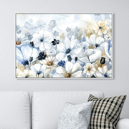 The Oliver Gal Artist Co. Floral and Botanical Wall Art Framed Canvas Prints 'Fields Flowers Home Décor, 45" x 30", Blue, White