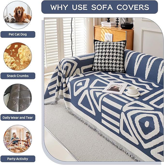 STACYPIK Reversible Boho Blue Beige Couch Cover for 2 Cushion Couch Sofa Cover for Dogs Anti-Scratch Furniture Protector Cover with Tassels for Pet Cat Non-Slip Loveseat Cover for Sectional-71X102IN