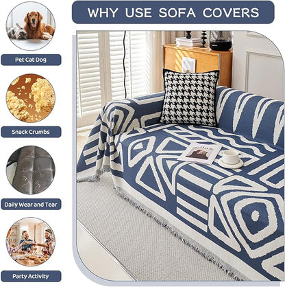 STACYPIK Reversible Boho Blue Beige Couch Cover for 2 Cushion Couch Sofa Cover for Dogs Anti-Scratch Furniture Protector Cover with Tassels for Pet Cat Non-Slip Loveseat Cover for Sectional-71X102IN
