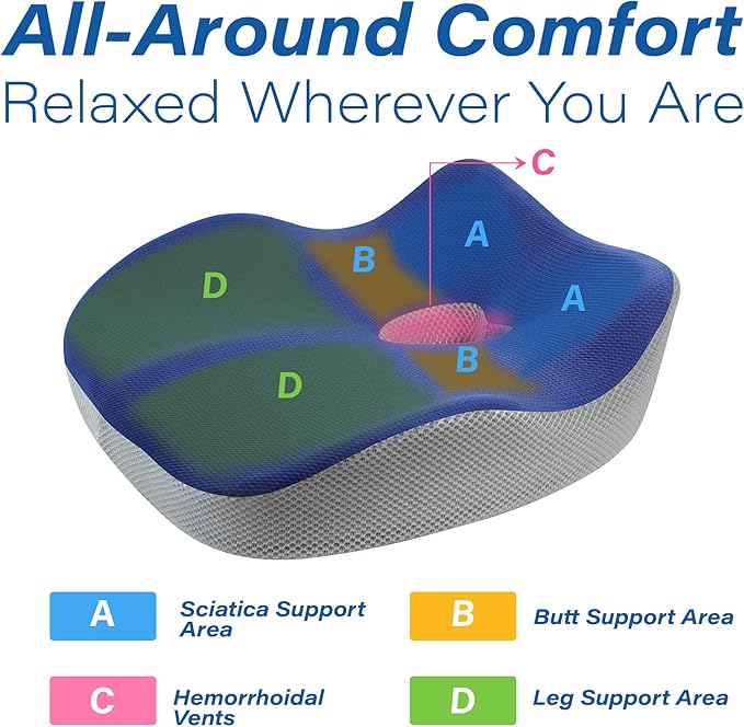 Car Seat Cushion, Ergonomic Memory Foam Car Cushion for Sciatica Pain Relief, Larger Driving Seat Pillow for Short Drivers on Long Drives - Butt Pillow for Truck, Office, Wheelchair - Blue&Gray