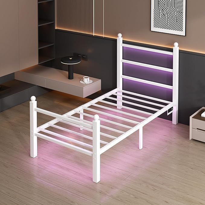Twin Bed Frame with Headboard and Footboard,Steel Slats Support-LED Bed Frame with USB Charging Station,Mattress Foundation-Under Bed Storage,No Box Spring Needed,Noise Free,White