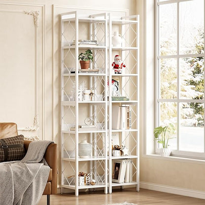 LITTLE TREE Book Shelf Set of 2, 7-Tier Tall Bookcase, Wooden Display Shelves with Metal Frame for Living Room, Modern Narrow Standing Bookshelves for Bedroom, White Office Shelf for Small Spaces