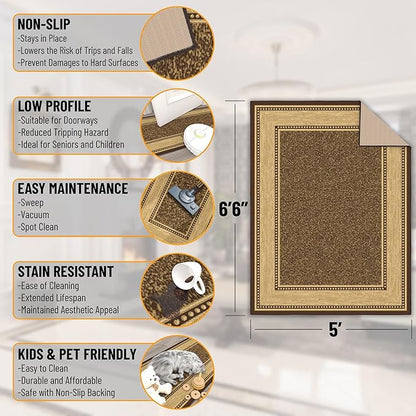 Ottomanson 5' x 6'6" Rugs for Living Room Border Area Rug for Bedroom - Non Slip Durable Large Floor Carpet for High Traffic Areas - Indoor Rug for Dining Room Kitchen Kids Playroom, Brown