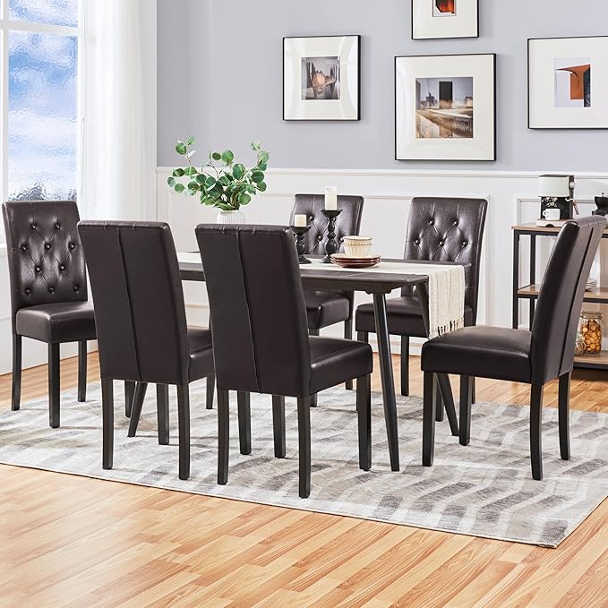 Yaheetech Dining Chairs Set of 6 Modern Style Faux Leather Dining Room Chairs with Solid Wood Legs and Button Tufted Padded for Home Kitchen, Brown