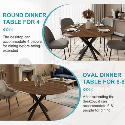 43"- 59" Extendable Dining Table for 4-6, Retractable Round Dinner Table Wood Oval Kitchen Tables Farmhouse Steel Base Dining Room Tables for Small Space, Kitchen, Living Room, Walnut