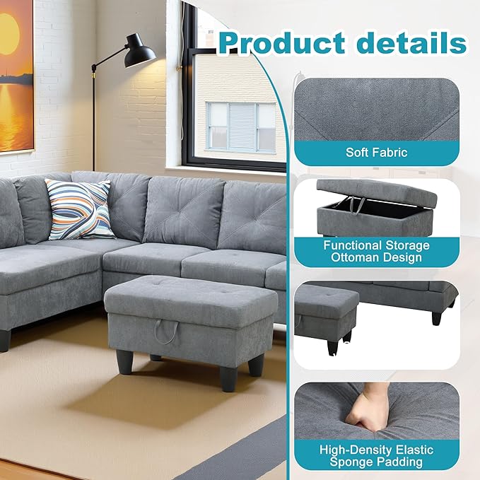 L Shaped Couch Modern Sectional Couch Upholstered Flannelette Fabric 3 Pieces Sofas for Living Room with Chaise, Storage Ottoman for Office and Small Apartment, Dark Grey