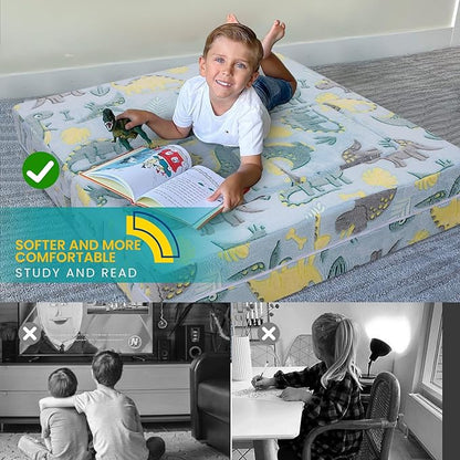 MeMoreCool Modular Kids Sofa,Toddler Play Couch Fold Out for Playroom, Dinosaur Glow in Dark Convertible Plush Foam Chair for Childrens