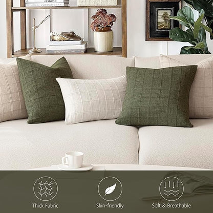Foindtower Set of 2 Decorative Linen Check Throw Pillow Covers Neutral Farmhouse Vintage Cushion Covers Modern Boho Home Decor for Sofa Chair Couch Bedroom Living Room Outdoor,24×24 Inch,Olive Green