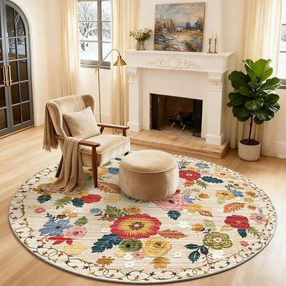4x4 Round Bedroom Rug Washable: Round AreaRug Stain Resistant Floral Rug Non Slip Low Pile Small Carpet for Bedroom Kitchen Entryway Living Room Bedside Office Dorm Kids Room Entrance