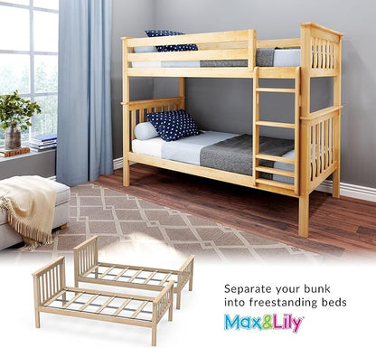 Max & Lily Bunk Bed Twin over Twin, Solid Wood Bunk Bed Frame with Ladder for Kids, 14" Safety Guardrails, Easy Assembly, No Box Spring Needed, Natural