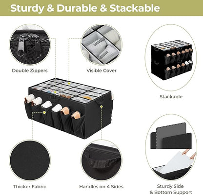 Shoe Organizer for Closet, Shoe Storage Solution with Clear Cover & Adjustable Dividers, Fabric Shoe Box Fits 16 +12 Pairs Shoes, Black, 1-Pack