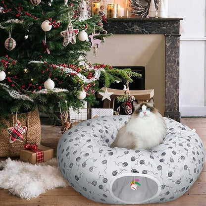 Ownpets Large Cat Tunnel, Soft Plush Cat Donut Tunnel Bed with Washable Cushion, Peekaboo Cat Tube for Indoor Kitten, Puppy, Rabbit, Gray