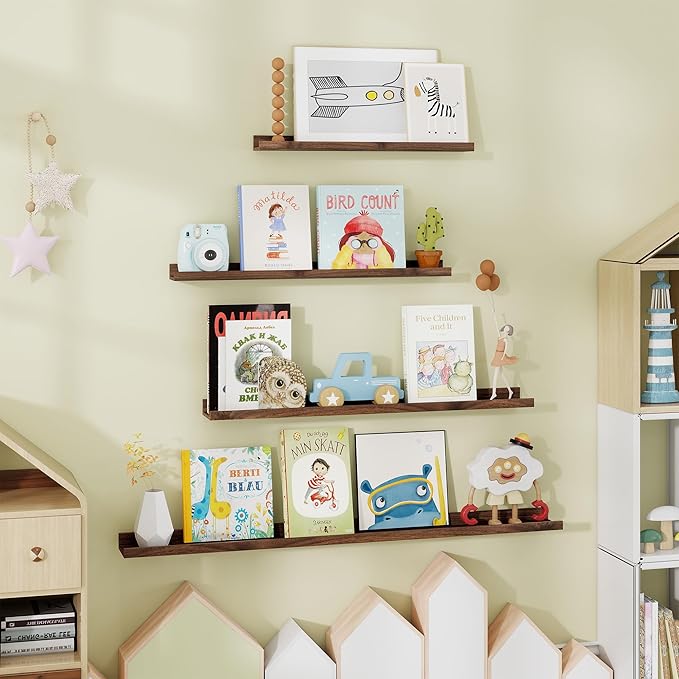 Fun Memories Picture Ledge Shelf - 30 Inches Floating Shelves Set of 4 - Floating Shelves with Lip for Storage - Wood Bookshelf Wall Mounted for Bedroom - Living Room - Kitchen - Walnut Color