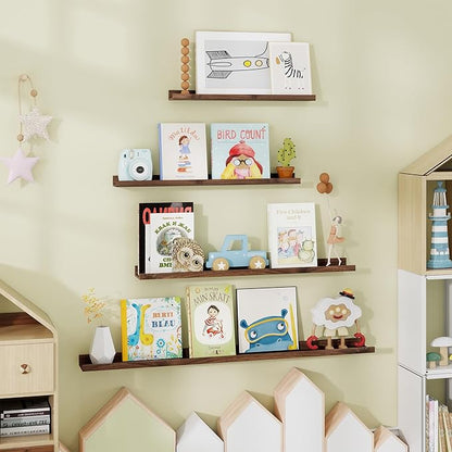 Fun Memories Picture Ledge Shelf - 30 Inches Floating Shelves Set of 4 - Floating Shelves with Lip for Storage - Wood Bookshelf Wall Mounted for Bedroom - Living Room - Kitchen - Walnut Color