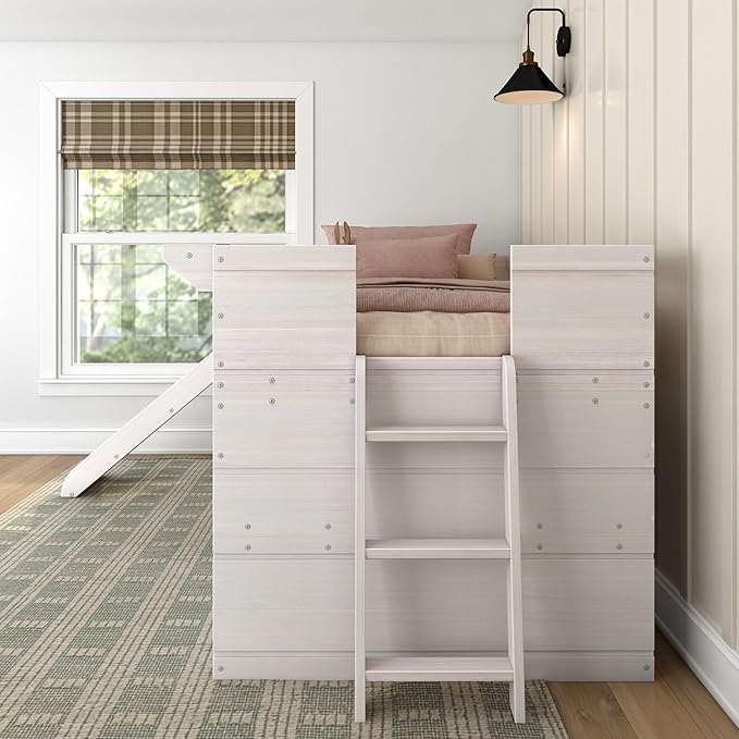 Max & Lily Loft Bed Twin Size, Solid Wood Low Loft Bed with Slide and Ladder, Modern Farmhouse Loft Bed for Kids, White Wash
