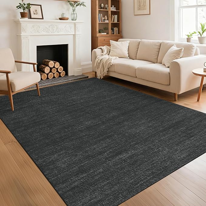 5x7 Washable Rugs Non Slip Minimalist Area Rug for Bedroom Soft Low Pile Solid Color Large Bedroom Throw Carpet Stain Resistant Classic Neutral Area Rug Plain Boho Rugs for Kitchen Nursery, Black