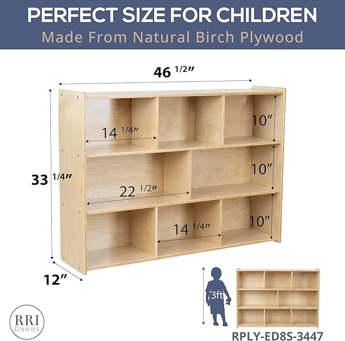 Birch Cubby Storage Organizer Bookcase, 3-Tier Open Shelves, 8-Cube Storage Organizer Display Shelf for Montessori, Kids Room, School, 34" H