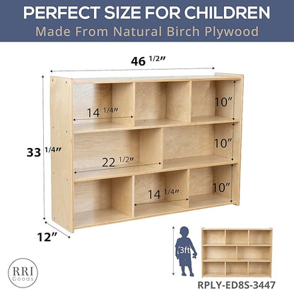 Birch Cubby Storage Organizer Bookcase, 3-Tier Open Shelves, 8-Cube Storage Organizer Display Shelf for Montessori, Kids Room, School, 34" H