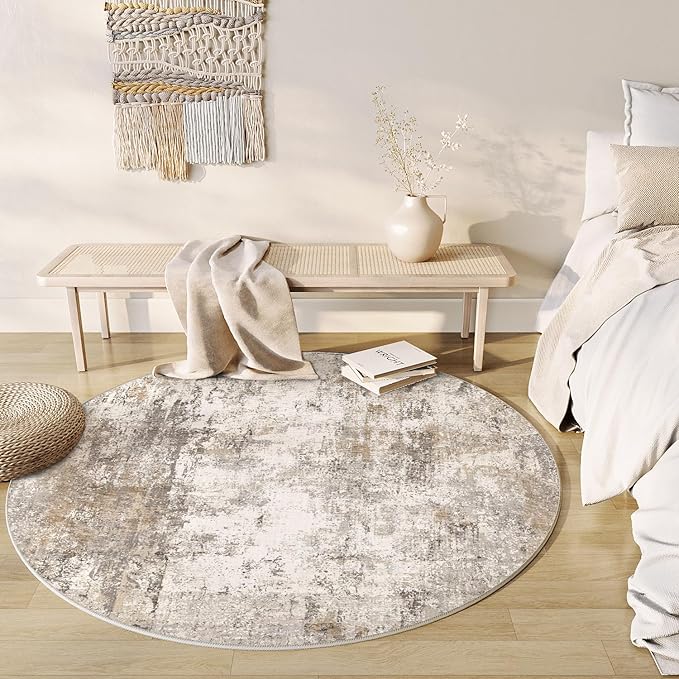 8x8 Washable Round Rug Brown Grey Neutral Abstract Living Room Bedroom Large Area Rug Non Slip Soft Low Pile Indoor Floor Carpet for Dining Room Kitchen Office Entryway