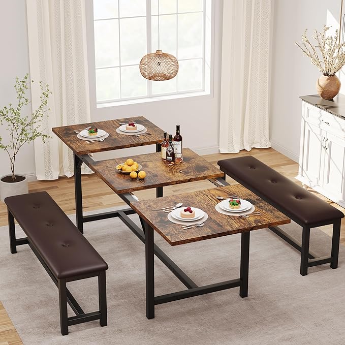3-Piece Dining Table Set for 4-6 People, Extendable Kitchen Table Set with 2 Upholstered Benches, Dining Room Table Set for Apartment, Kitchen, Living Room, Brown