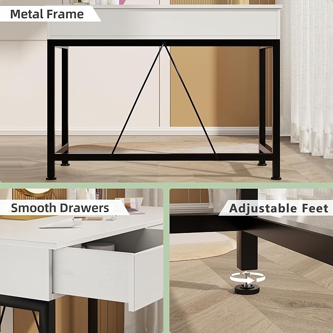 CAIYUN 40Inch Computer Desk with 2 Wooden Drawers, Small Desks for Home Office with Storage,Vanity Desk for Bedroom, Gaming Desk for Small Spaces, Simple Kids Study Writing Desk Table (White, Wooden)