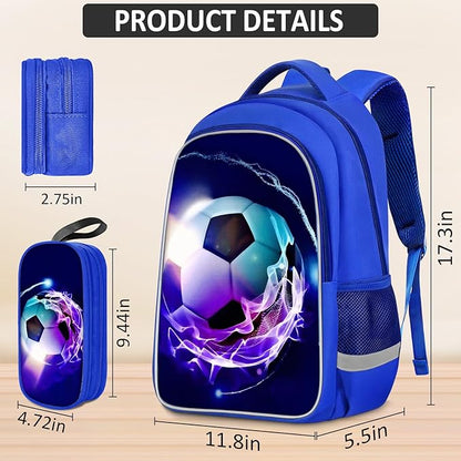 School Backpack for Boys - 4pcs Soccer Boys Backpack with Lunch Box and Pencil Case for Kids Children Teens Elementary Middle School - Students Bag for Ages 6-18,17″Bookbag Travel Back Pack