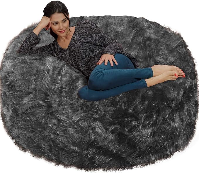 Chill Sack Bean Bag Chair - 5' Giant Memory Foam Lounge Chair with Soft Microfiber Cover – Cozy Furniture for Living Room, Dorm, & Kids' Rooms – Comfortable 5 Ft, Faux Long Fur Lounge Sofa, Gray