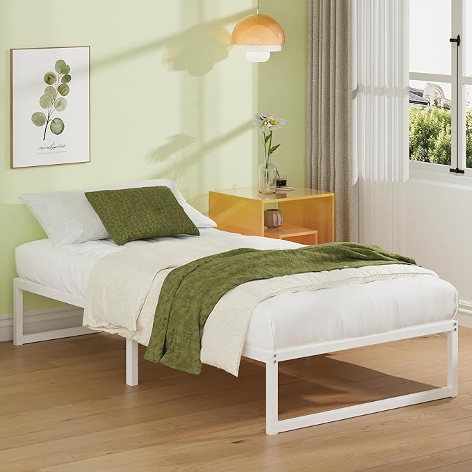 EMODA 12 Inch Twin Bed Frames, Metal Platform White Bed Frame Twin No Box Spring Needed, Heavy Duty Steel Slats Support, Easy Assembly, Noise Free